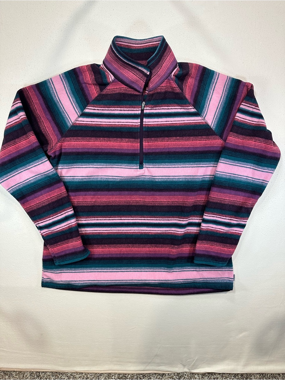 Eddie Bauer Women's Quest 1/4 Zip Fleece Pullover Striped Purple Teal Pink L EUC